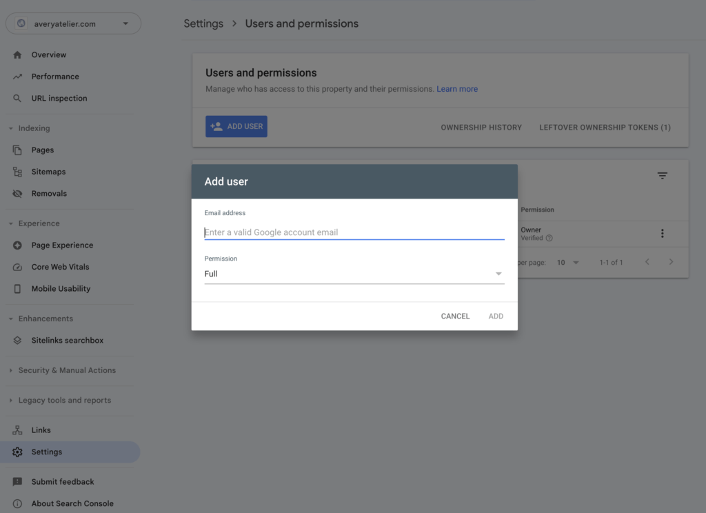 Adding a user to your Google Search Console