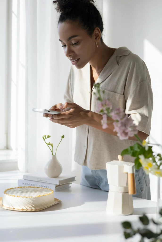 a woman with her hair in a bun is taking a photo of a cake